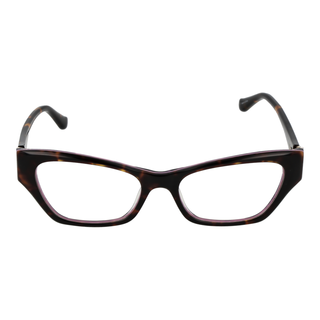 Tortoise shell cat-eye eyeglasses for Women with purple accents and triangular metal temple logo