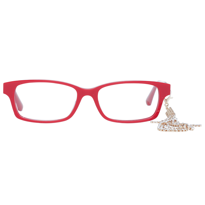 Red full-rim rectangular eyeglasses with gold-tone temple accents and attached rhinestone chain for Women