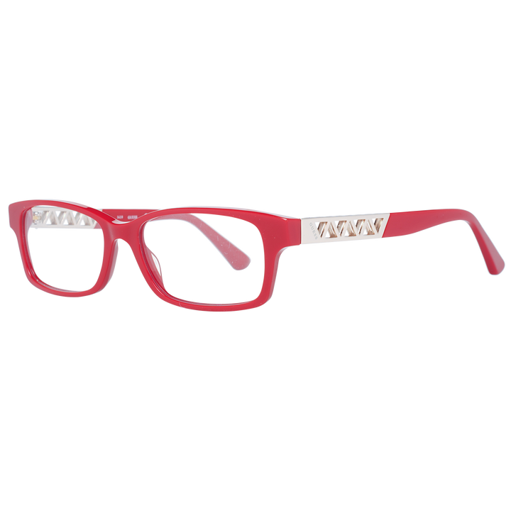 Red full-rim rectangular eyeglasses with gold-tone temple accents and attached rhinestone chain for Women