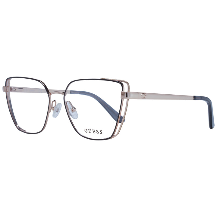 Rose gold and black thin metal square eyeglasses with adjustable nose pads and logo temples on white background