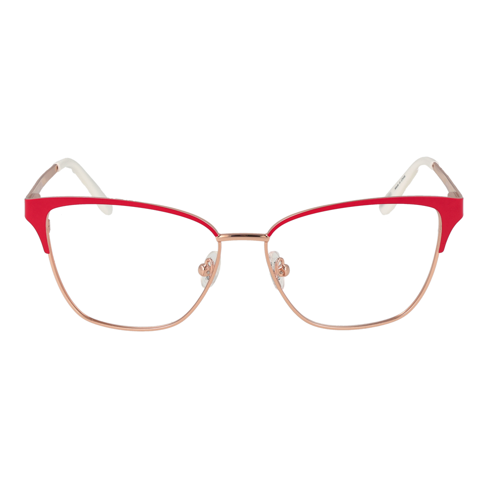 Red-accented rose gold metal cat-eye eyeglasses with white detailing, clear lenses, and adjustable nose pads on neutral background.