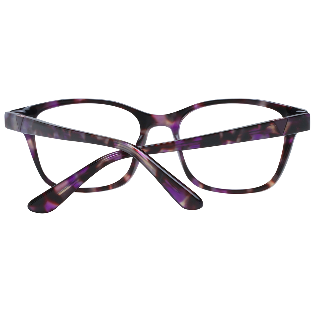 Purple tortoiseshell square eyeglasses in plastic frame with transparent lenses, tapered temples, modern profile