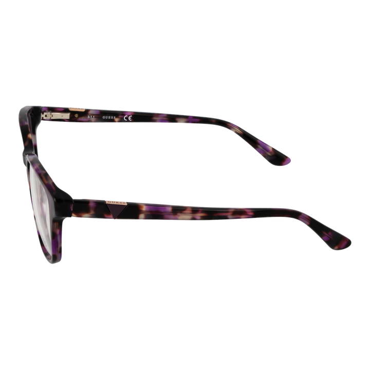 Purple and brown tortoise rectangular eyeglasses with black and white hues and metal temple accents on neutral background