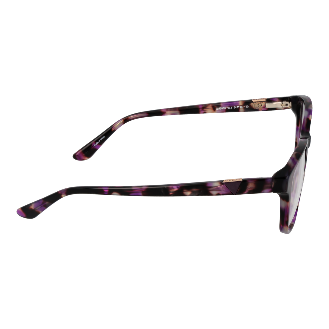 Purple and brown tortoise rectangular eyeglasses with black and white hues and metal temple accents on neutral background
