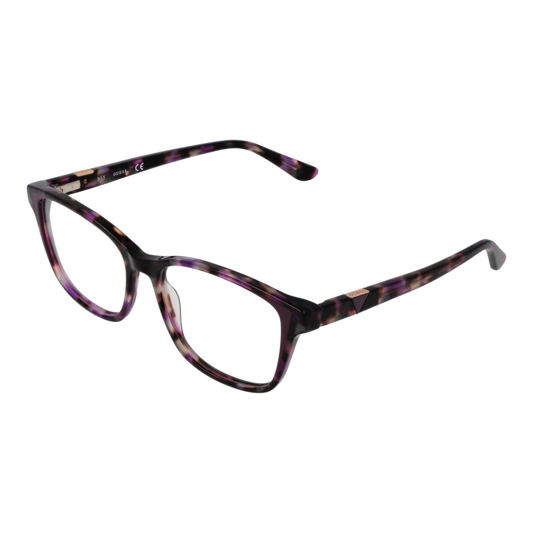 Purple and brown tortoise rectangular eyeglasses with black and white hues and metal temple accents on neutral background