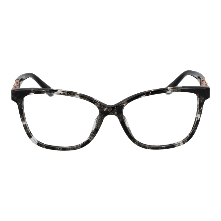 Black speckled cat-eye eyeglasses with rose-gold floral temple accents on white background