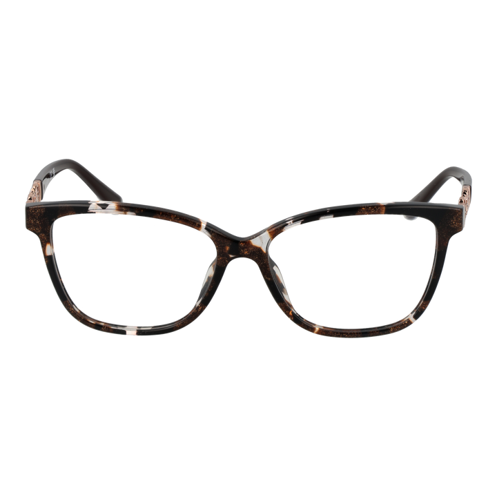 Tortoise shell square eyeglasses with black-brown pattern and rose-gold floral accents on temples