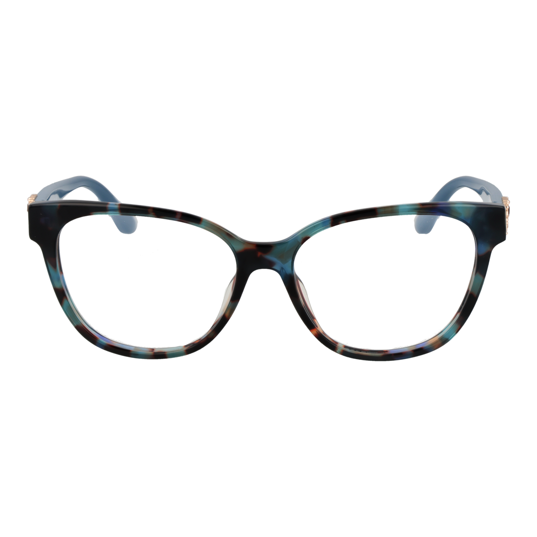Blue tortoiseshell cat-eye eyeglasses with gold emblem on temples, plastic full-rim frame for Women