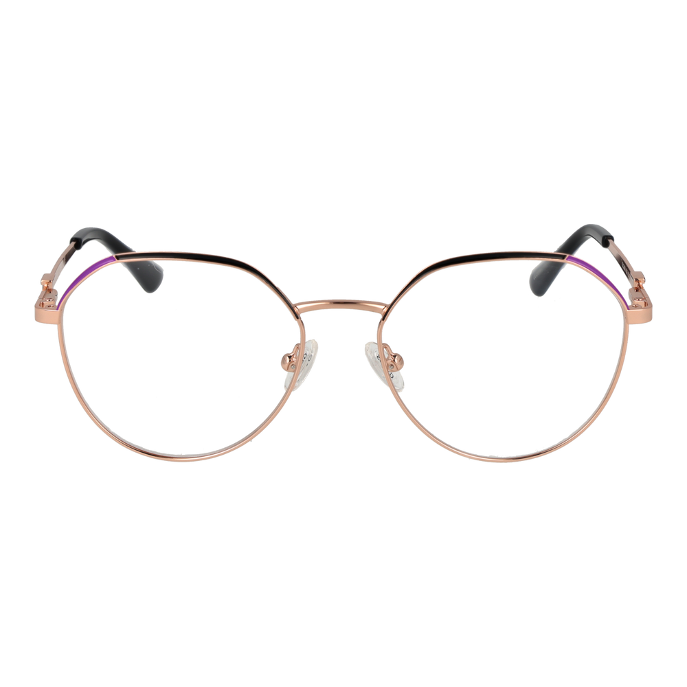 Rose gold thin metal round eyeglasses with black temple tips on white background, modern minimalist design