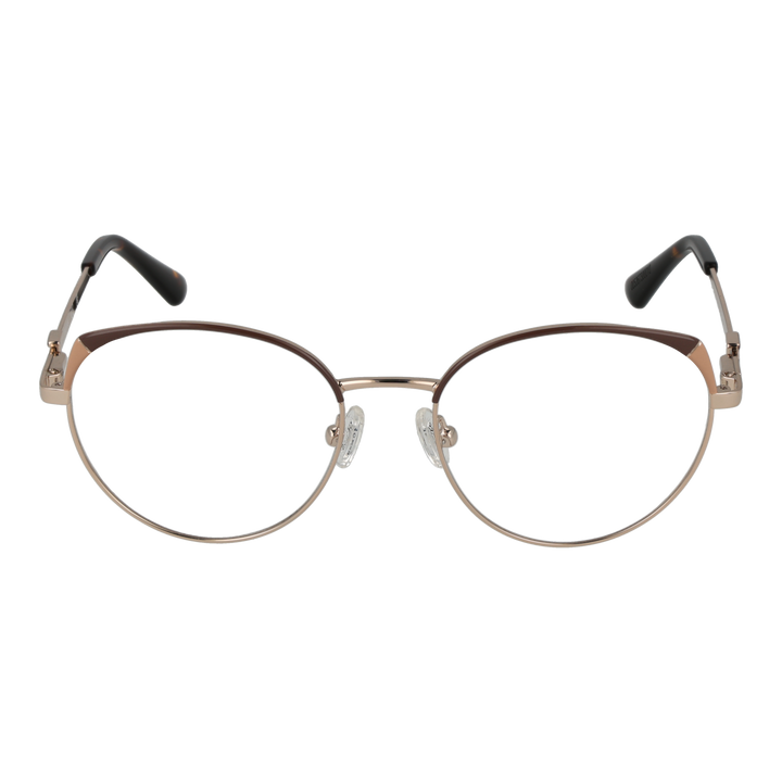 Gold thin metal round eyeglasses with tortoise shell temple tips and adjustable nose pads