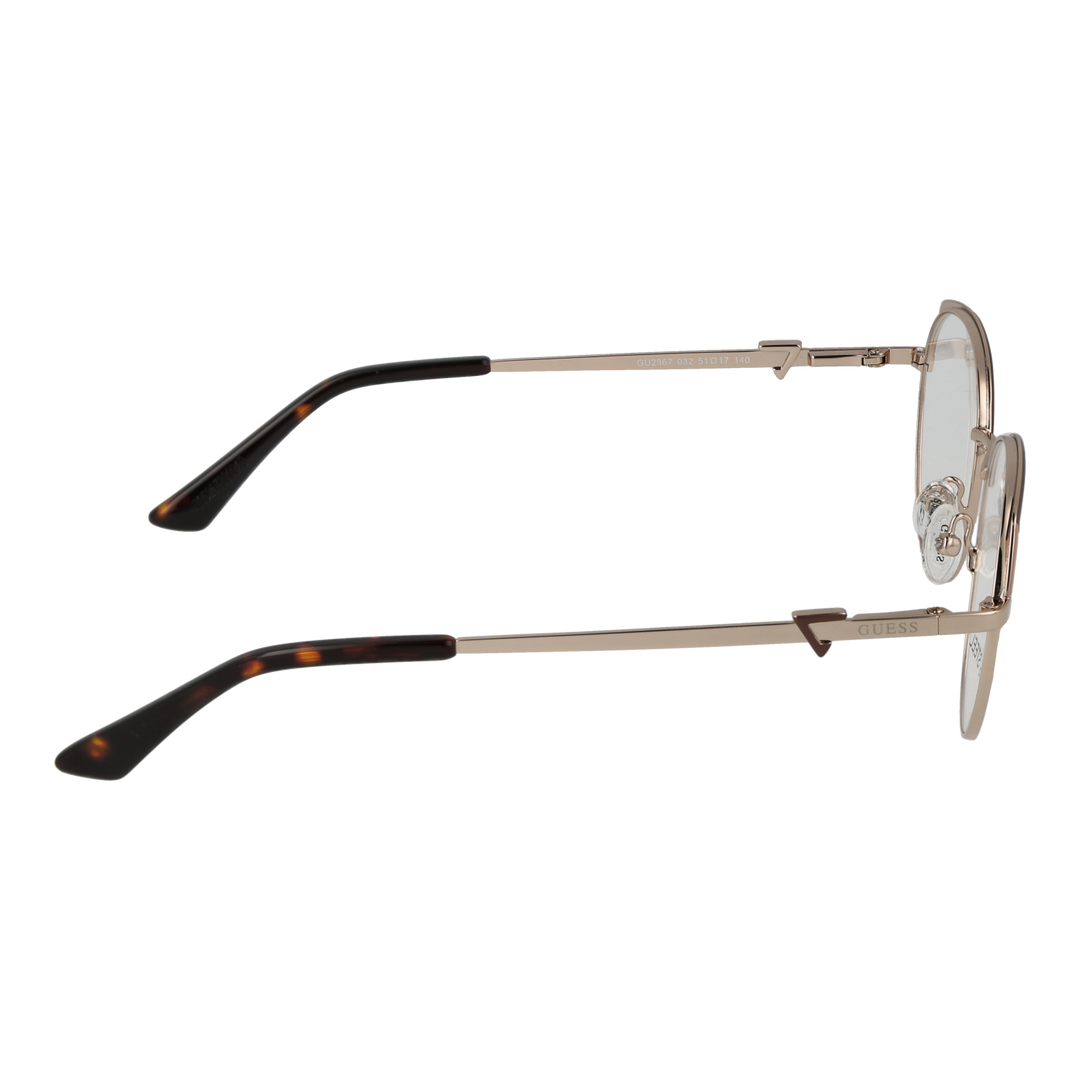 Gold thin metal round eyeglasses with tortoise shell temple tips and adjustable nose pads