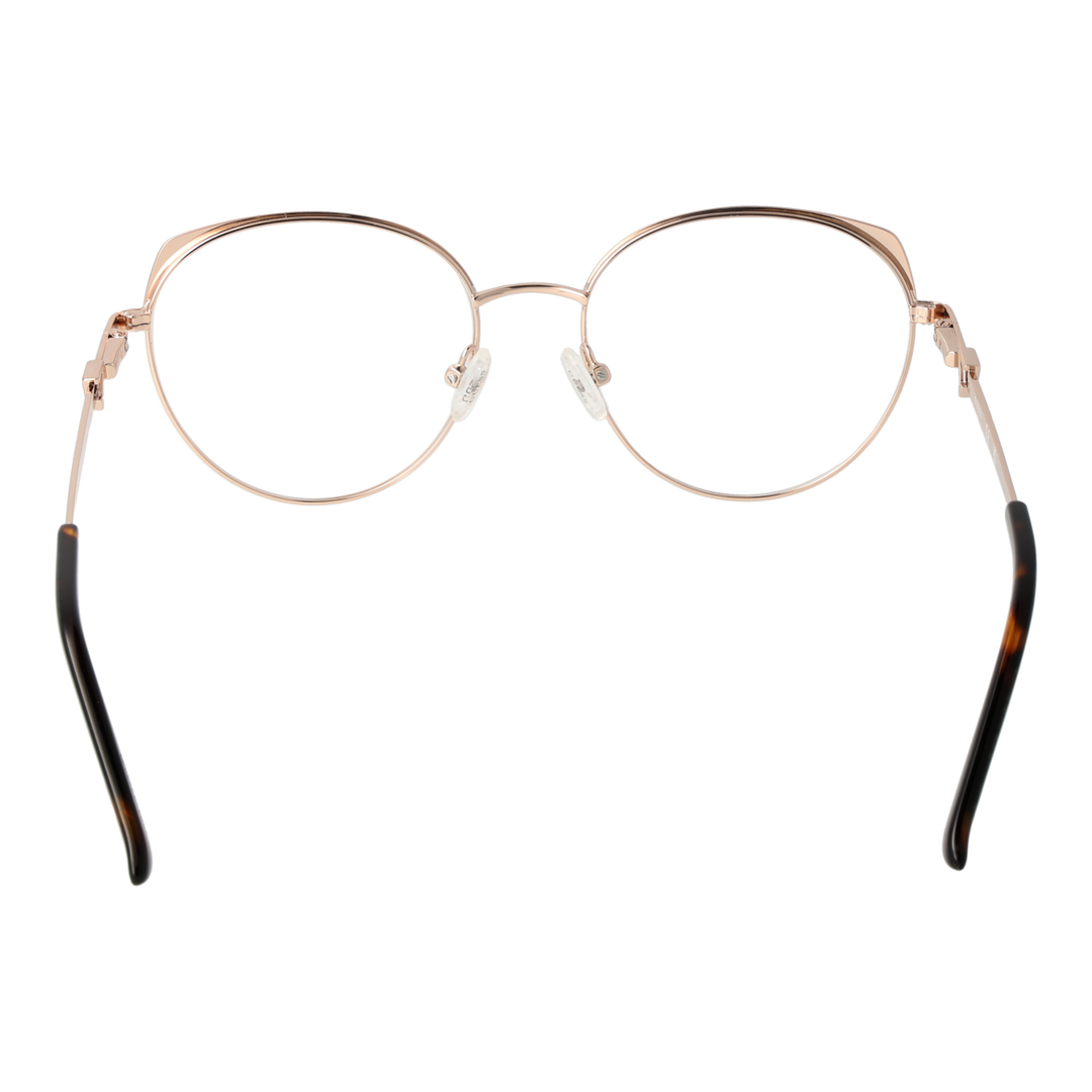Rose-gold thin metal round eyeglasses with tortoiseshell temple tips on neutral background, front view
