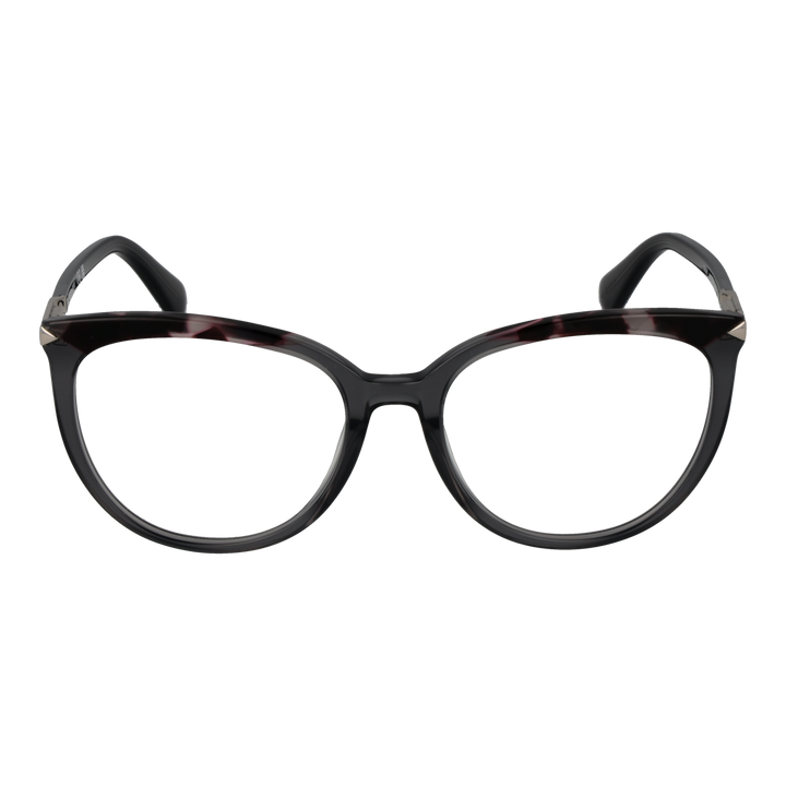 Black tortoiseshell round eyeglasses with metal temple accents and engraved brand detail
