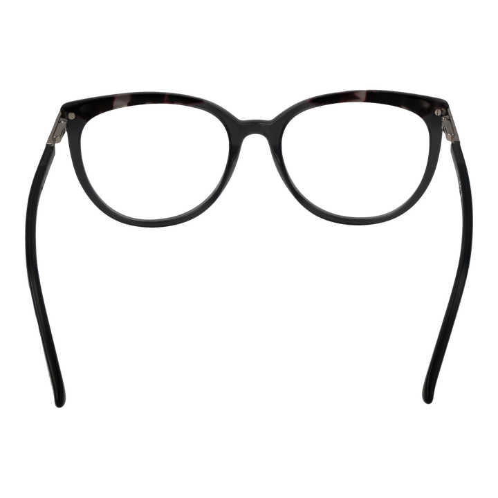 Black tortoiseshell round eyeglasses with metal temple accents and engraved brand detail