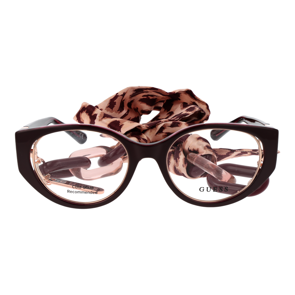 Dark burgundy cat-eye eyeglasses with rose-gold temples, chain detail, beige patterned attached scarf