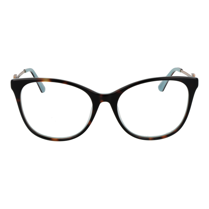 Tortoise shell cat-eye eyeglasses for Women with light-blue accents and slim gold metal temples, logo detail