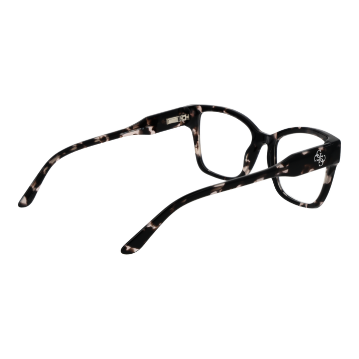 Black and beige tortoiseshell rectangular eyeglasses with thick plastic frame and logo on temple