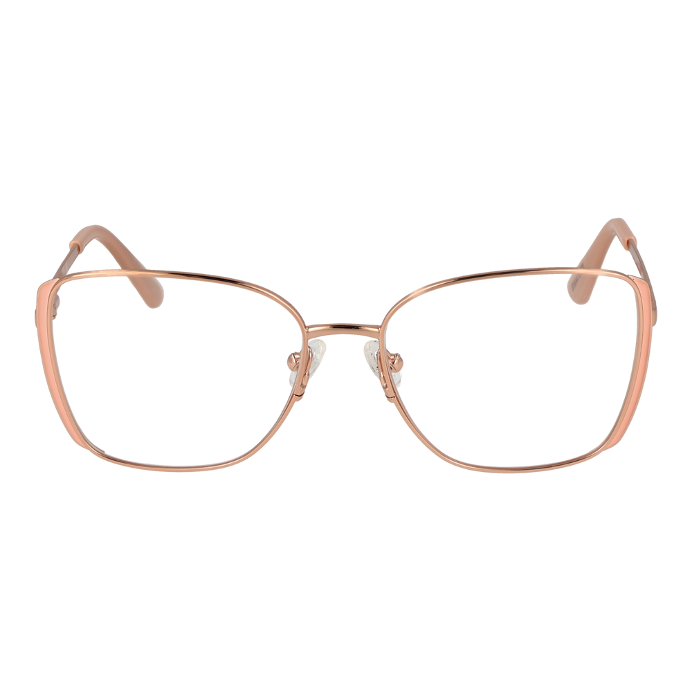 Rose gold metal eyeglasses for Women with thin square lenses and adjustable nose pads on white background