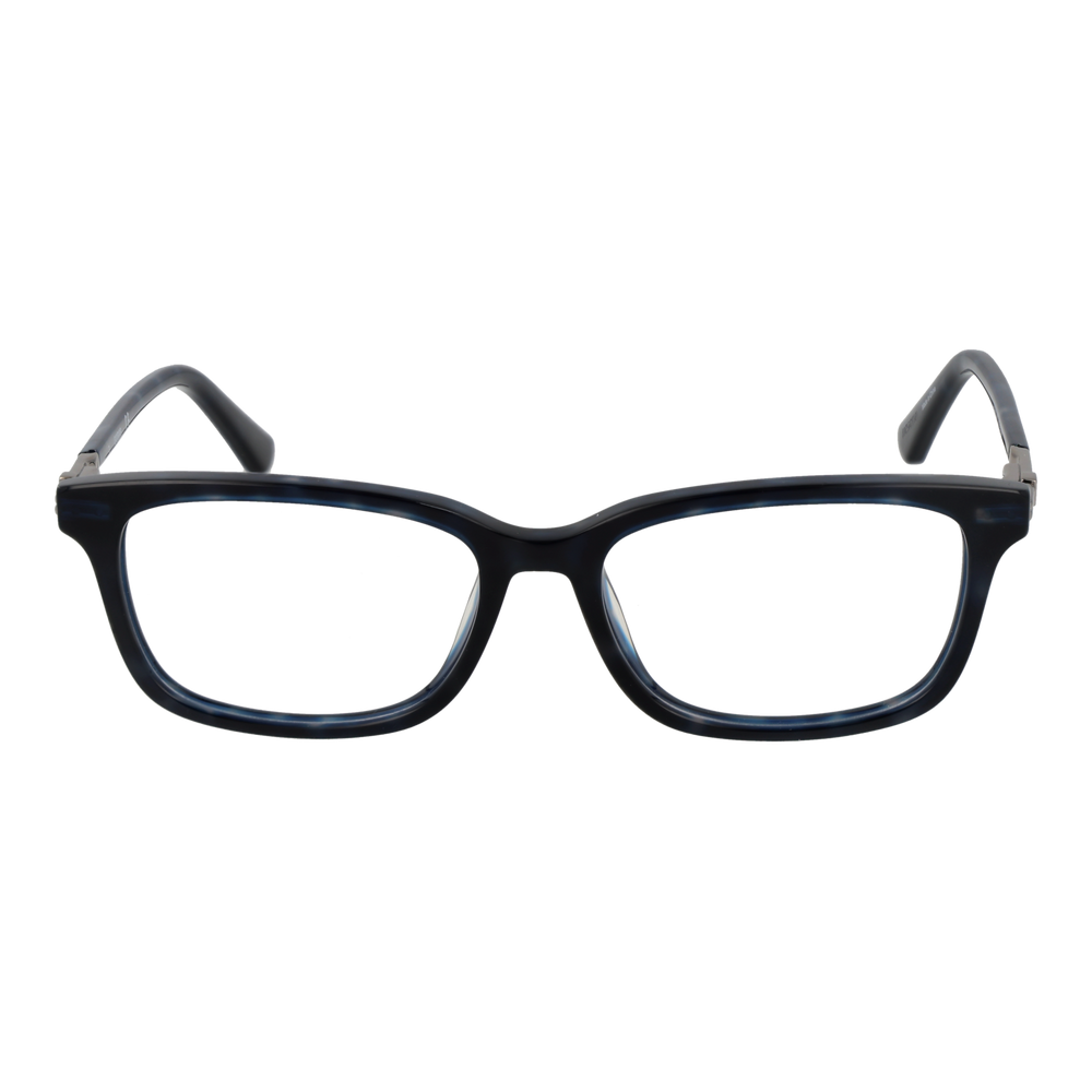 Unisex black rectangular eyeglasses with subtle blue tones, metal hinges and curved temple tips on studio background.