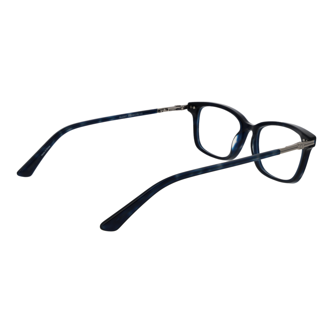 Unisex black rectangular eyeglasses with subtle blue tones, metal hinges and curved temple tips on studio background.