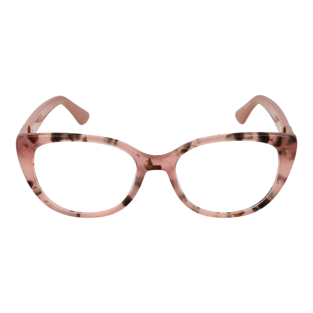 Pink tortoiseshell cat-eye eyeglasses in plastic with decorative metal logos on temples, angled view