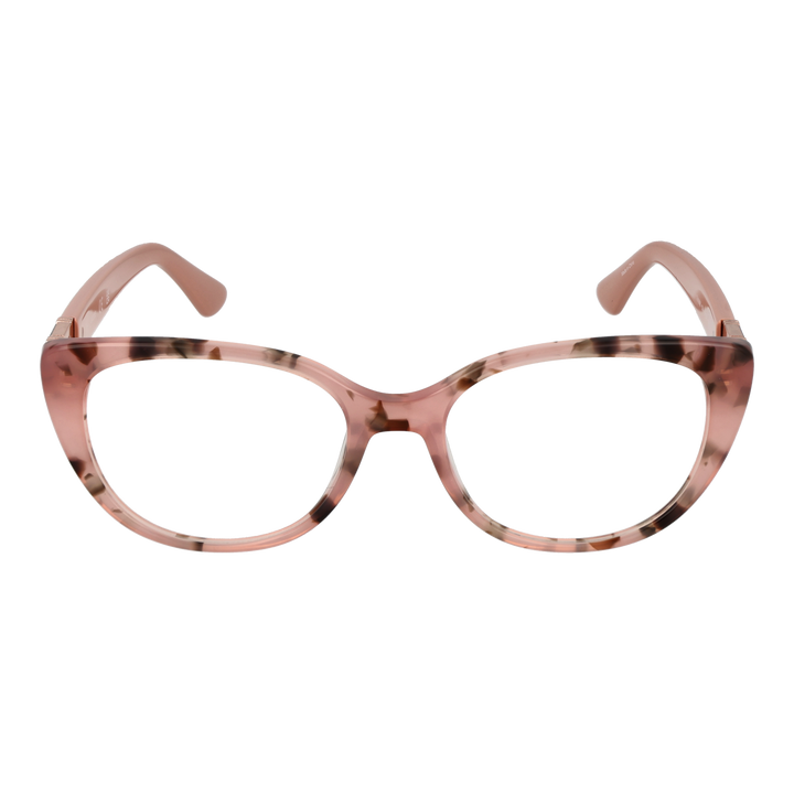 Pink tortoiseshell cat-eye eyeglasses in plastic with decorative metal logos on temples, angled view