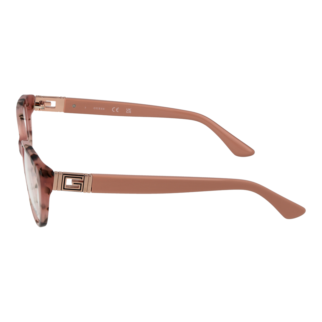 Pink tortoiseshell cat-eye eyeglasses in plastic with decorative metal logos on temples, angled view