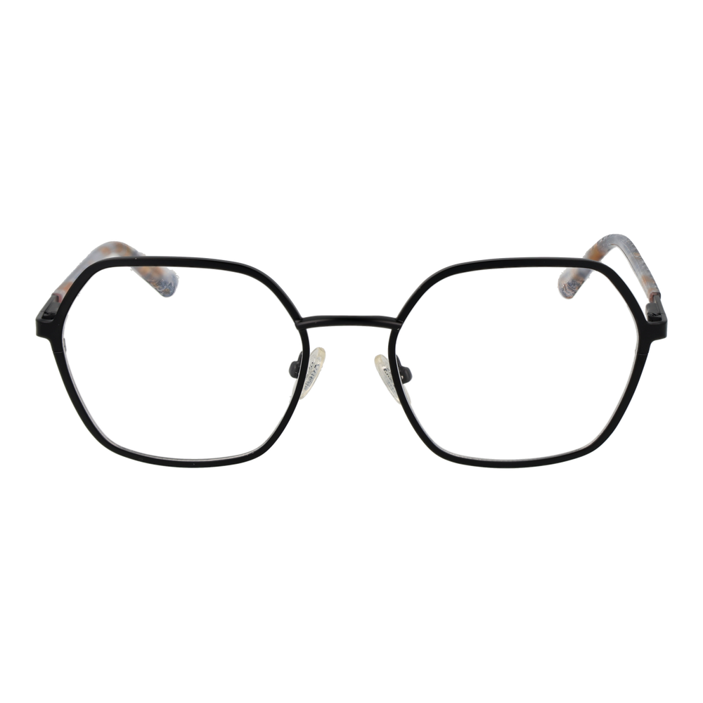 Black metal hexagonal eyeglasses with beige, black, white patterned plastic arms and adjustable nose pads