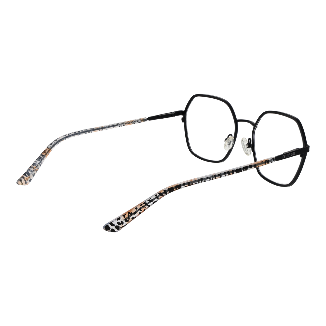 Black metal hexagonal eyeglasses with beige, black, white patterned plastic arms and adjustable nose pads