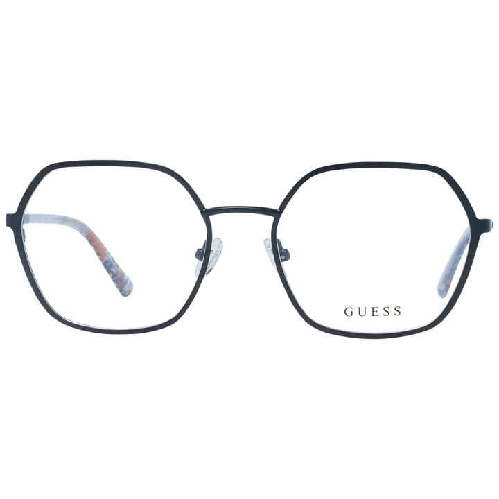 Unisex hexagonal black metal eyeglasses with patterned temple tips and adjustable nose pads, modern geometric silhouette