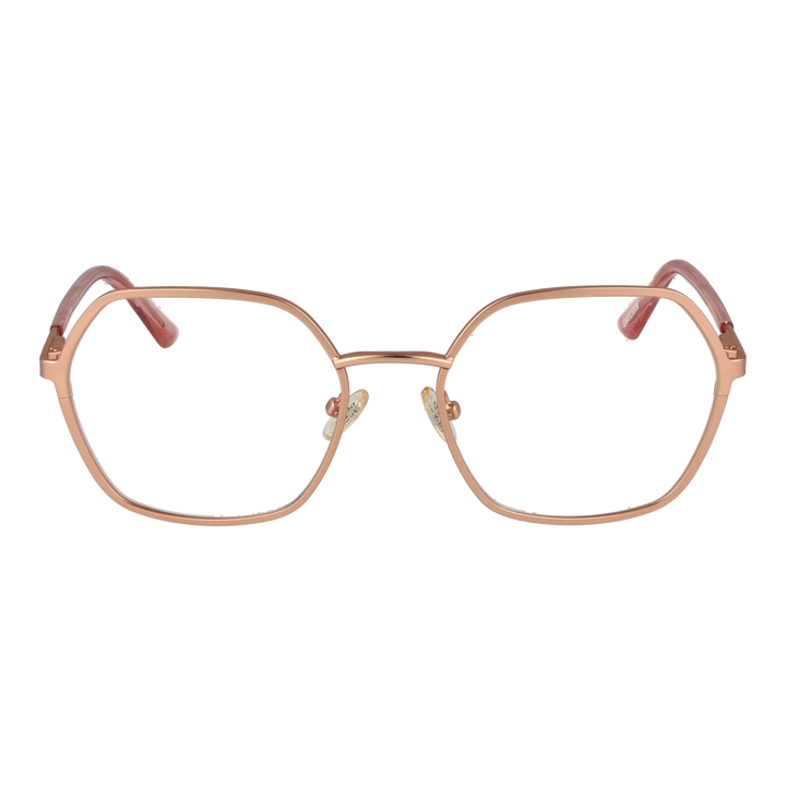 Rose-gold thin metal hexagonal eyeglasses with clear nose pads against neutral background