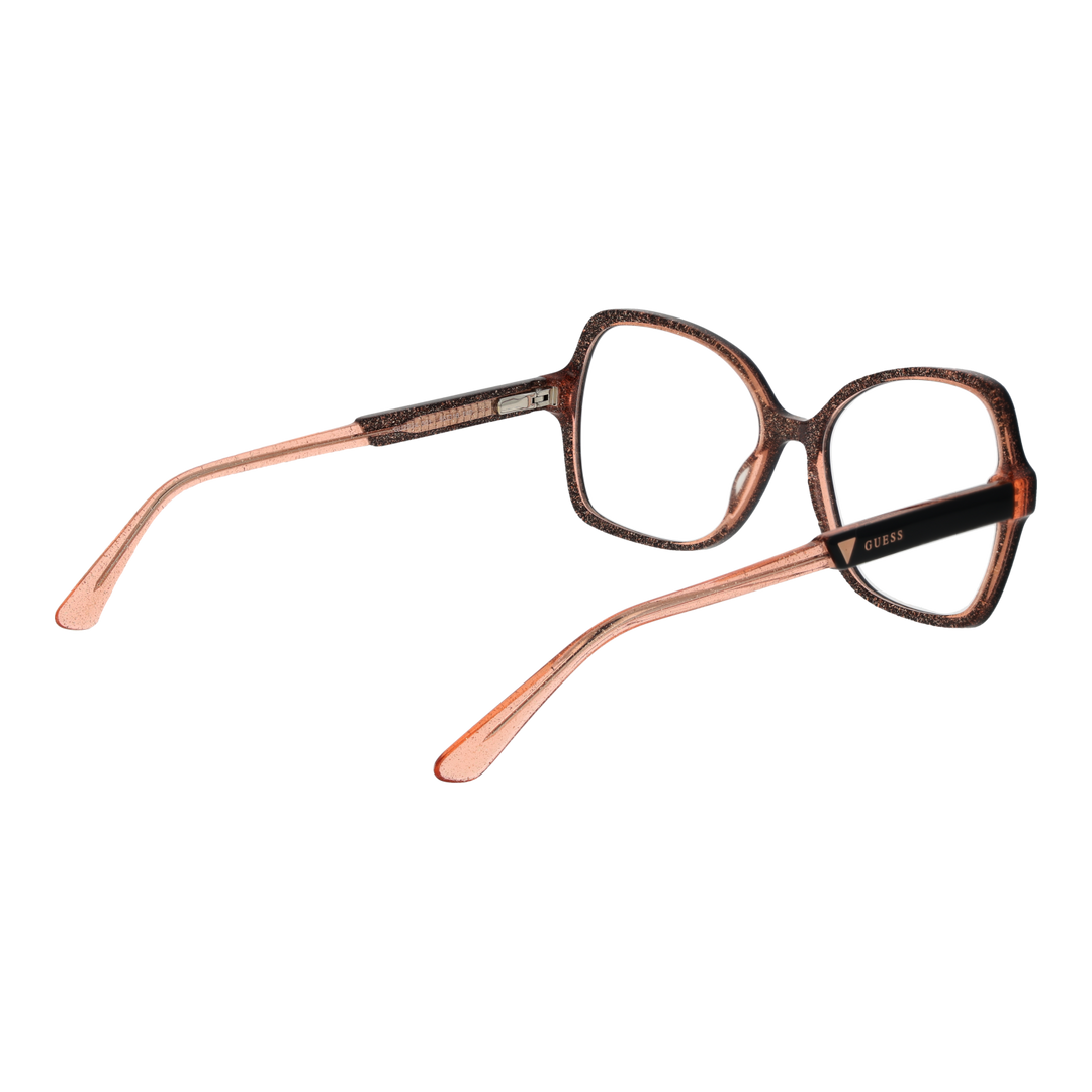 Black and translucent pink two-tone square eyeglasses, plastic frame, logo on temple, modern styling for Women