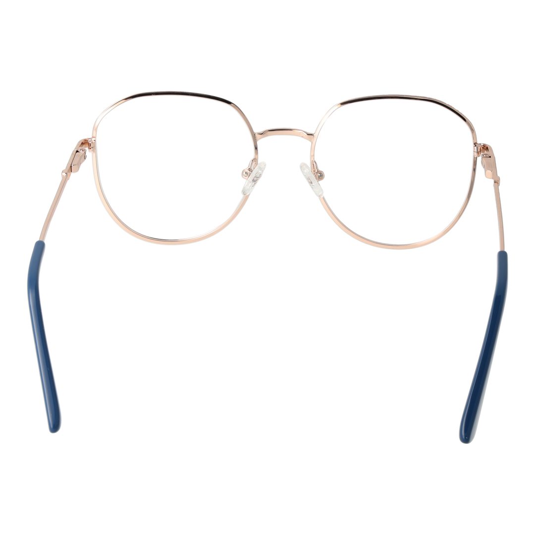 Rose gold metal eyeglasses with rounded square lenses and navy accents on thin temples, Unisex frame
