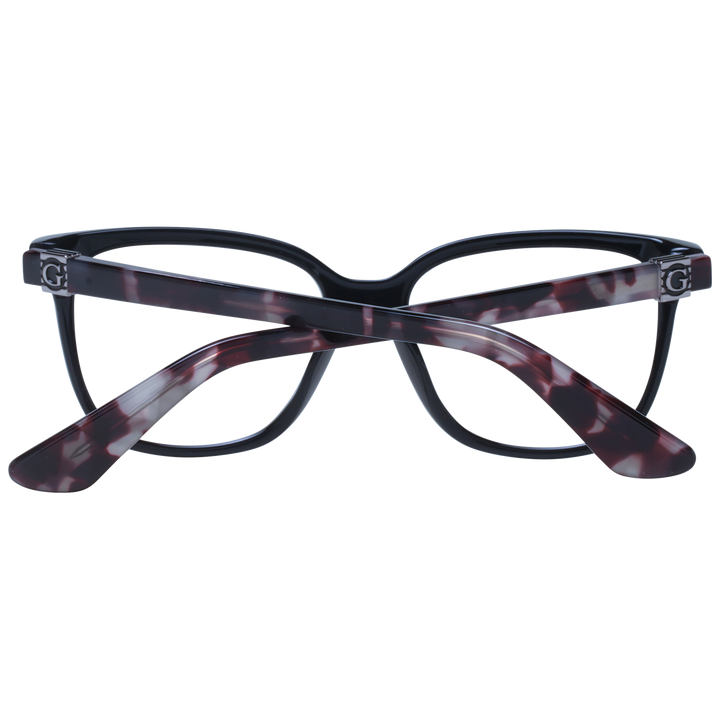 Black rectangular eyeglasses with tortoiseshell patterned temples and logo hinge detail viewed three-quarter