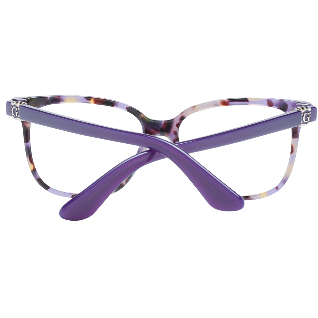 Purple multicolor tortoiseshell square eyeglasses in plastic with metallic G logo on temples, frontal view
