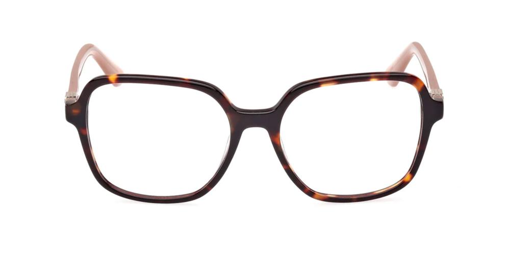 Tortoiseshell oversized square eyeglasses for Women with brown amber pattern and light pink arms, metallic G hinge