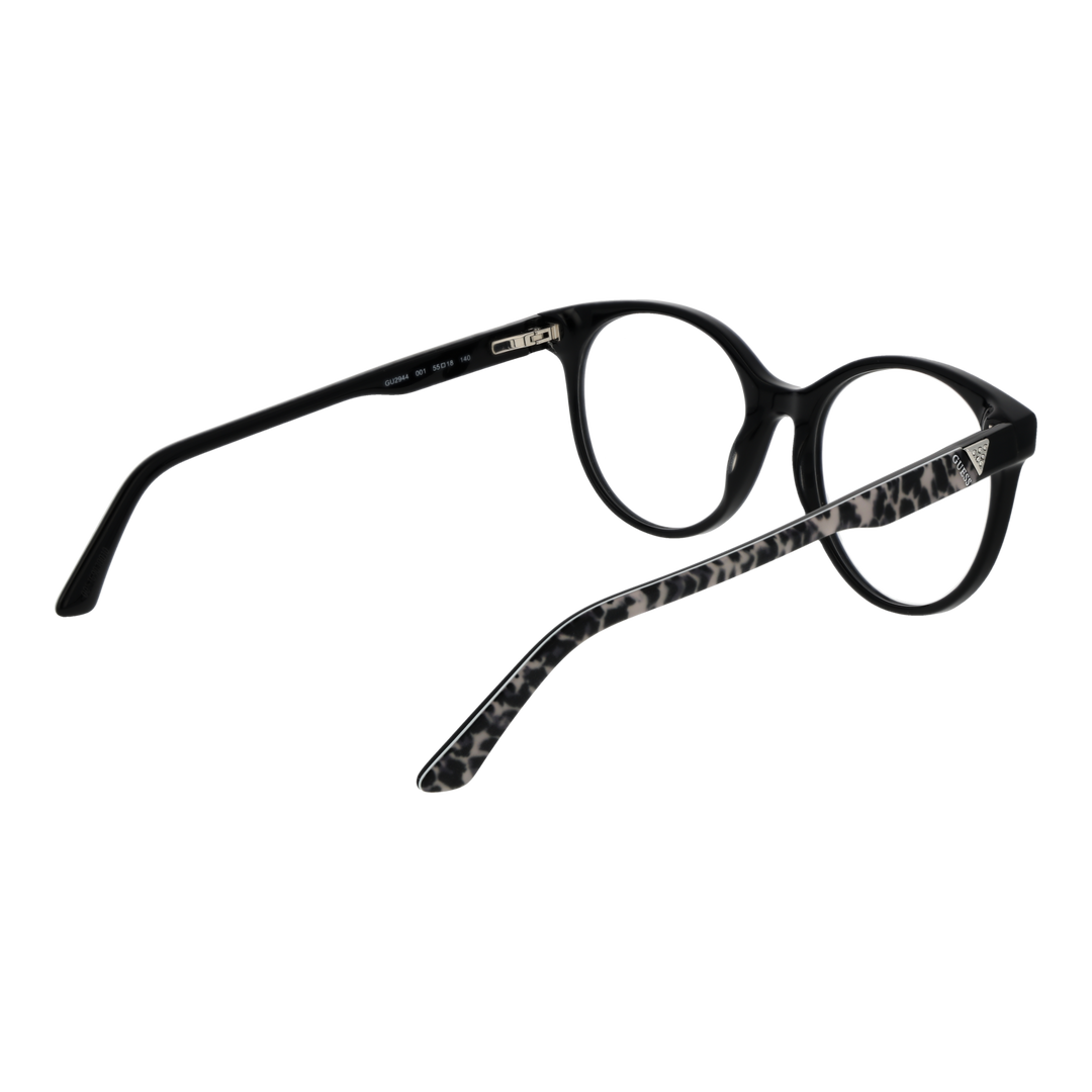 Black round full-rim eyeglasses with leopard-print temples and logo detail, modern fashionable Women’s frame