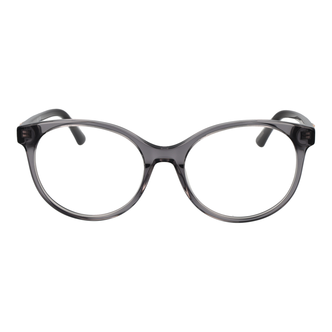 Black and transparent gray plastic round eyeglasses with logo on temples, modern women&