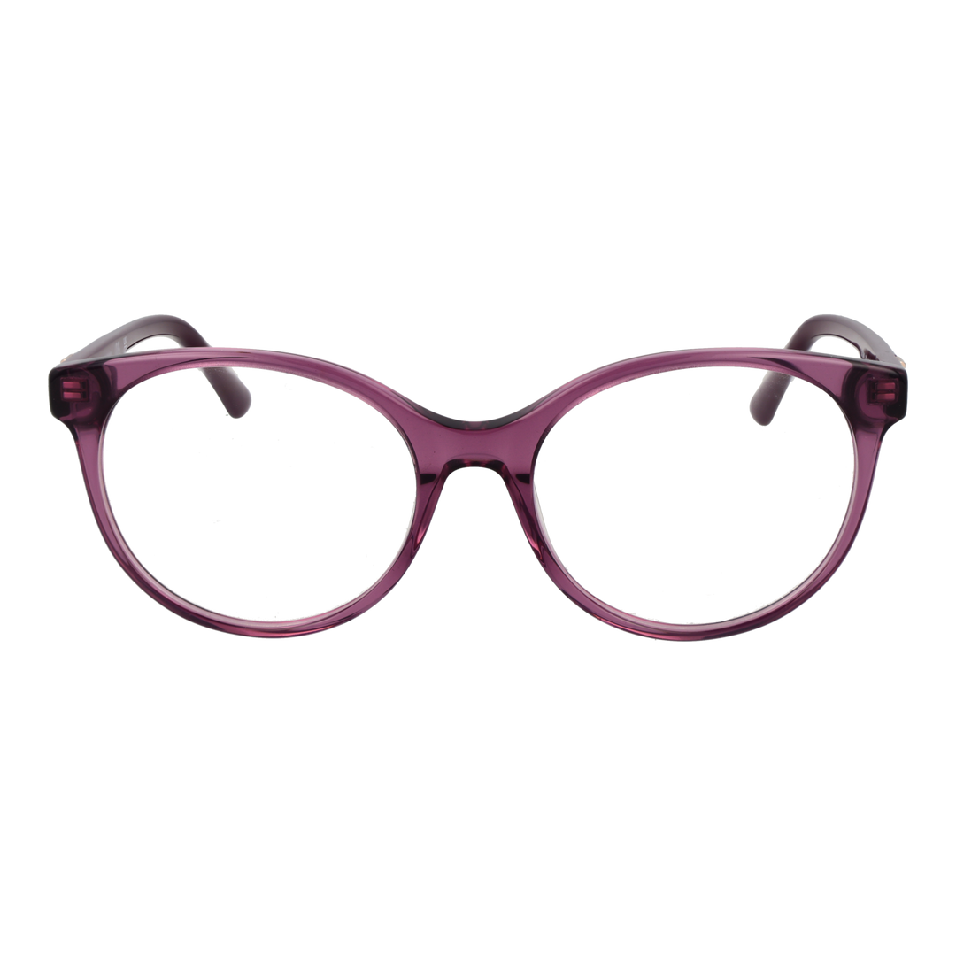 Transparent purple round eyeglasses in plastic with logo temples on clean white background