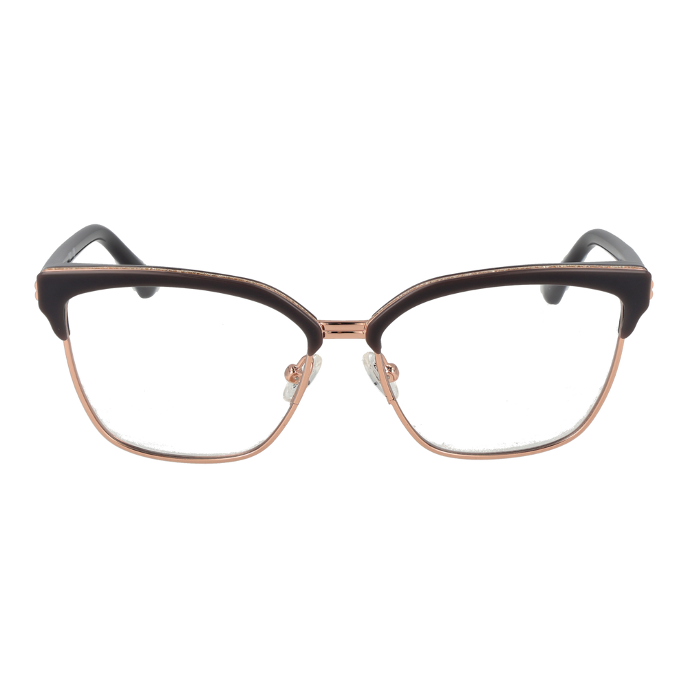 Black cat-eye eyeglasses with rose-gold metal frame and black plastic temples on white background