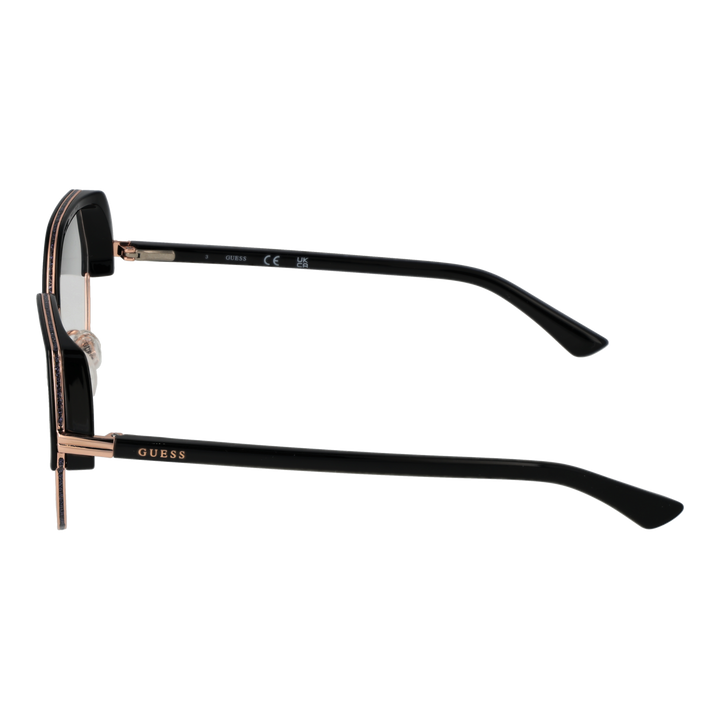 Black and rose gold geometric round eyeglasses; thin metal bridge and thick upper rim on neutral background