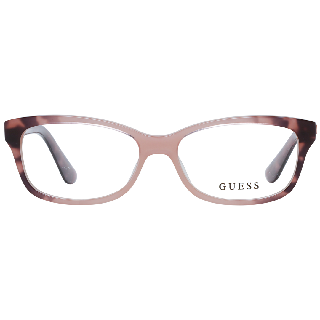 Pink and tortoiseshell full-rim rectangular eyeglasses with logo temples on neutral background