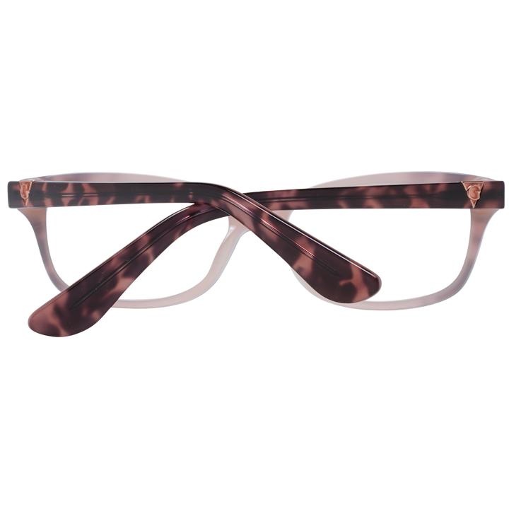 Pink and tortoiseshell full-rim rectangular eyeglasses with logo temples on neutral background