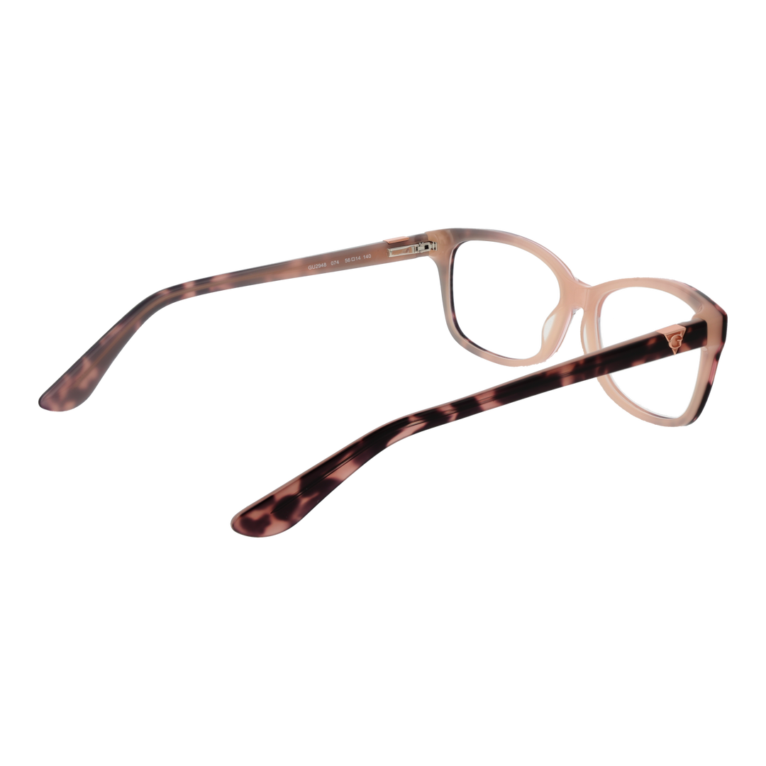 Brown and pink tortoiseshell rectangular eyeglasses in glossy plastic with metal logo on temples