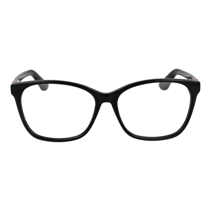 Black full-rim rectangular eyeglasses for Women with small metallic temple logo, modern clean lines