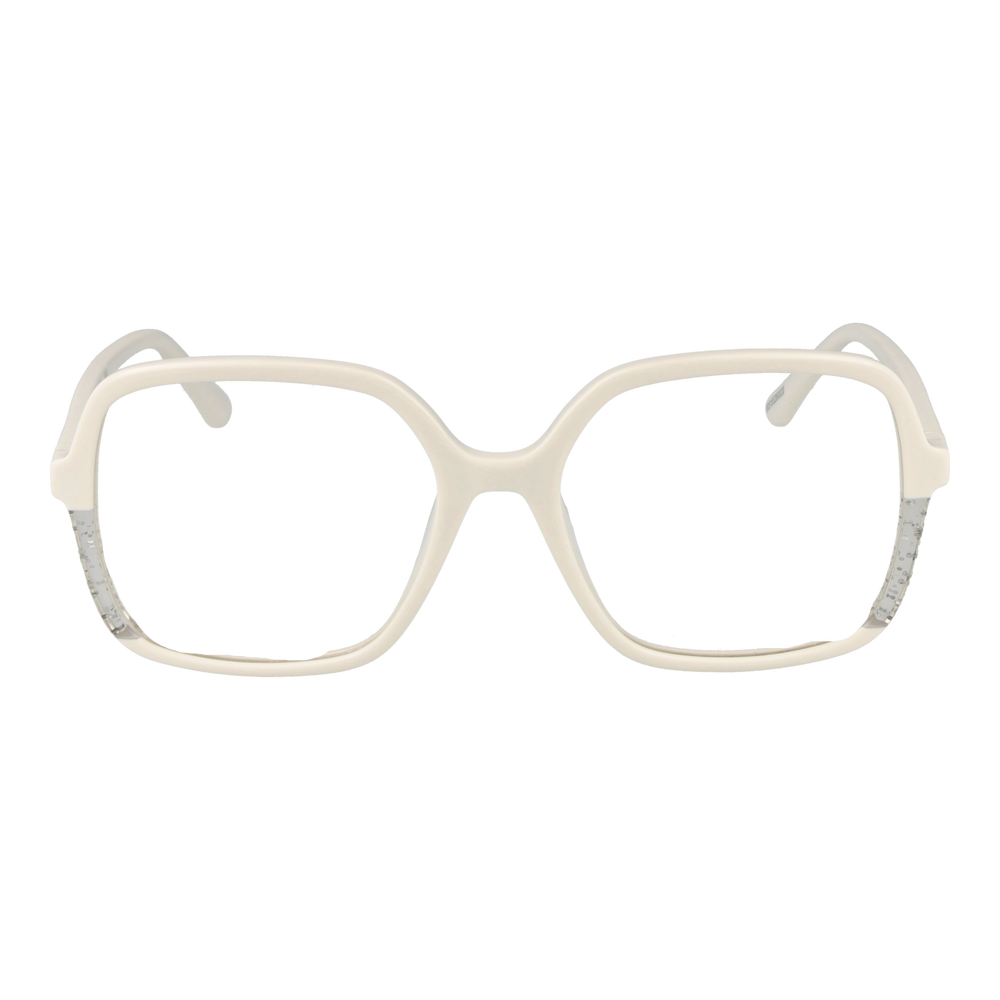 Off-white full-rim square eyeglasses for Women with clear lower edges and embedded speckles, modern plastic frame