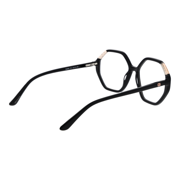 Black hexagonal eyeglasses with gold corner accents and small gold &