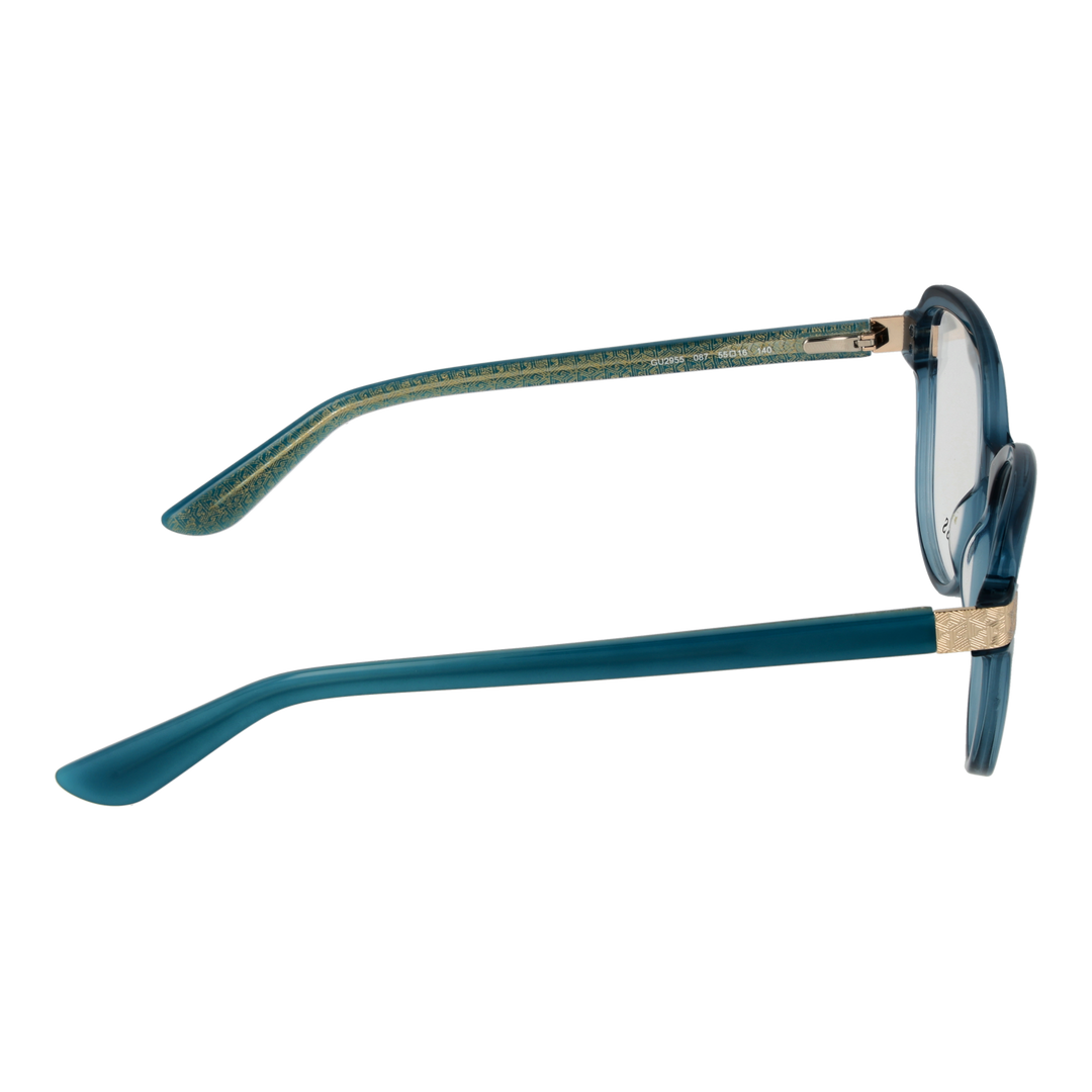 Blue round plastic eyeglasses for Women with gold hinge detail and patterned inner arms