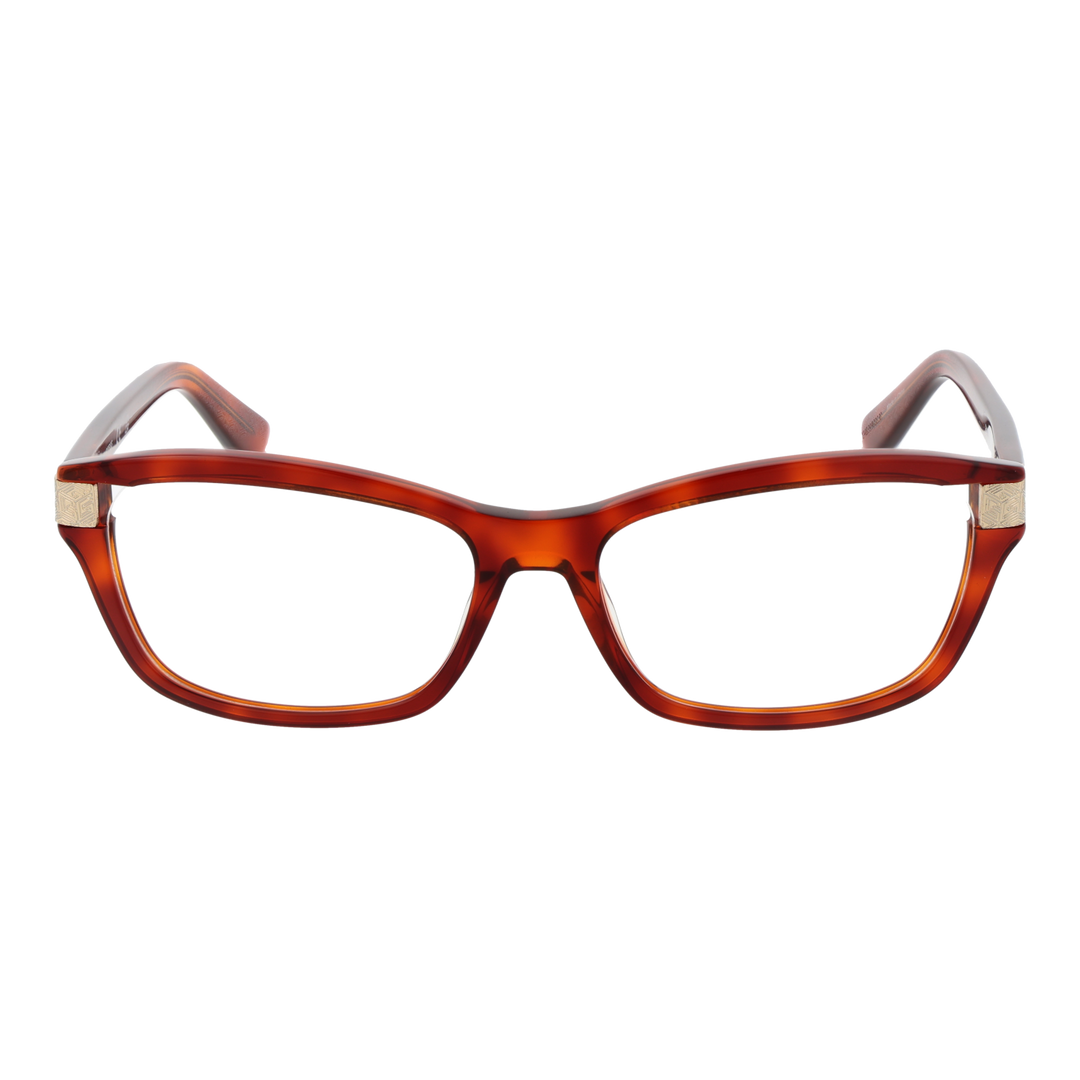 Brown full-rim rectangular eyeglasses in plastic with gold hinge and patterned inner arms, front three-quarter view