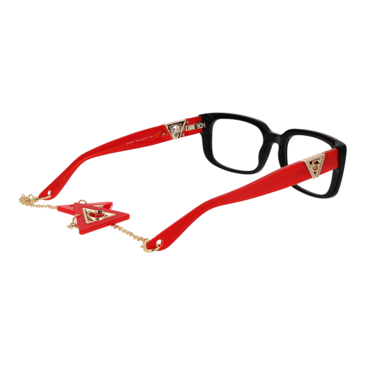 Black and red rectangular eyeglasses with gold emblem on temples and attached metal chain, front three-quarter view